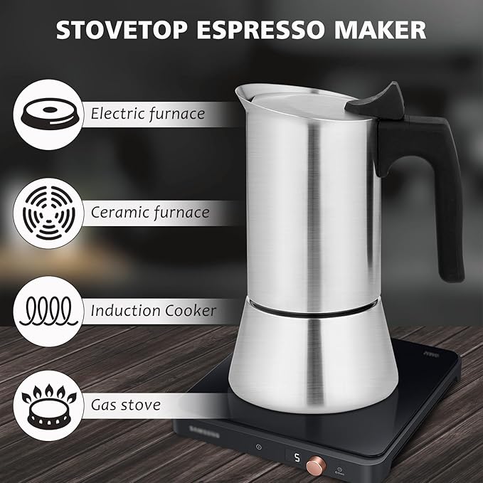 Stovetop Espresso Maker Stainless Steel Moka Pot, 6 cup Espresso Coffee Pots 300ml/10oz(Espresso Cup=50ml/1.7oz), Italian Coffee Maker for Induction Cookers Hobs, Cafe Maker for Camping Home