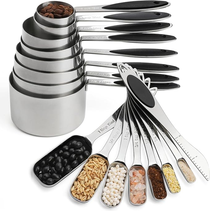 Measuring Cups and Spoons Set of 16 Stainless Steel Measuring Cups and Magnetic Measuring Spoons with 1 Leveler for Dry and Liquid Ingredients (16, Black)