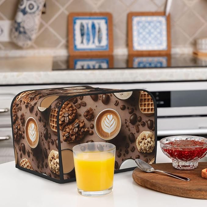 Brown Coffee Pattern Covers for Toasters 4 Slice,Cute Funny Bread Machine Cover with Handle,Washable Stain Resistant Kitchen Small Appliance Cover Dining Decor