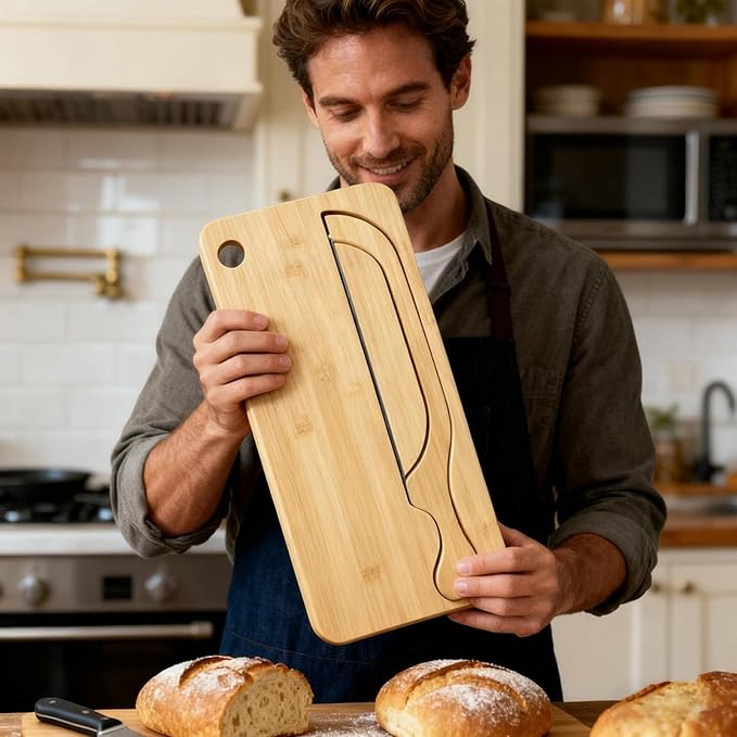 Bread Bow Set, Bread Bows Knife With Matching Crumb Tray, Bow Shaped Stainless Cutter, Wooden Breadboard Set, Sourdoughs Cutter, Left Right Handed Design, Ambidextrous For Baguettes Pastry Chefs