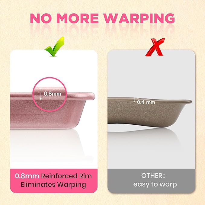 Professional Non-Stick Baking Sheets Set, 3-Piece Heavy Duty Carbon Steel Cookie Sheets with Oven Safe & Even Heating for Baking, Roasting, Cooking (Pink)