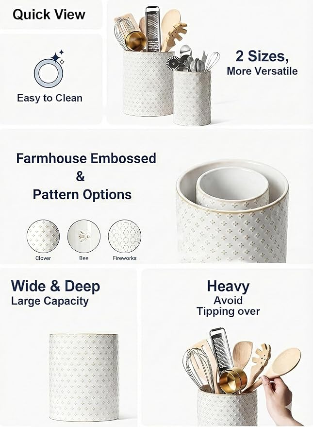 LE TAUCI Utensil Holder for Kitchen Counter - 7.1"+5.4" Ceramic Kitchen Utensil Holder Set of 2, Large Cooking Utensil Crock & Organizer for Spatula, Spoon - Embossed Kitchen Decor, White,Clover
