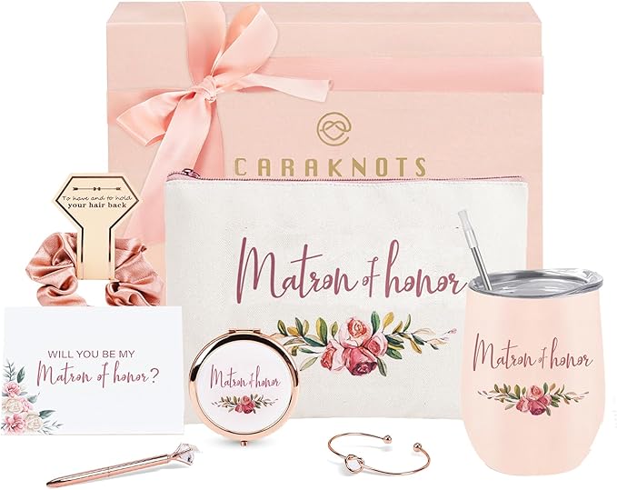 CARAKNOTS Matron of Honor Proposal Gift Box Set, Will You Be My Matron of Honor Gift, Pink Ready to Gift Bridesmaid Box with 12 oz Stainless Steel Tumbler, Bridal Party Bachelorette Wedding Favor