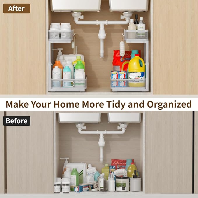 Under Sink Organizer 2 Pack, 2-Tier Slide Out Cabinet Organizer with Metal Sliding Drawer and Hooks, Pull Out Storage Baskets for Kitchen Bathroom Pantry Cabinet Organization (grey)