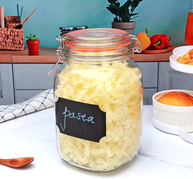 50oz Glass Jars with Clamp Lids,Set of 4,1500ml Square Wide Mouth Mason Jars with Airtight Lids,Large Glass Storage Container with Clip Lid for Kitchen,Flour,Pasta,Beans