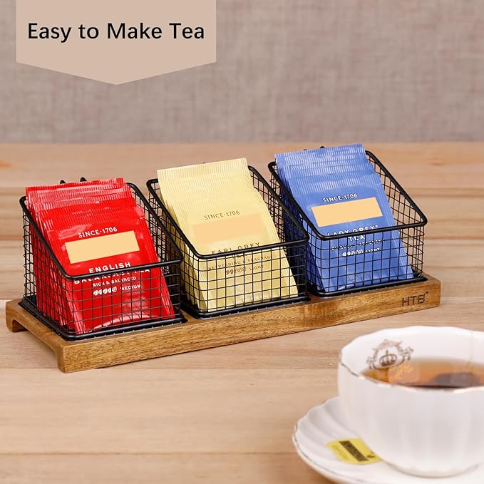 HTB Tea Organizer for Tea Bags, Tea Bag Holder with Acacia Wood Stand and 3 Removable Metal Basket for Sugar Packets, Sweeteners, Creamers for Cabinet, Countertop