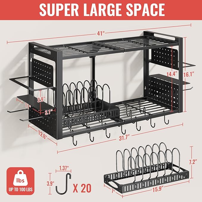 31 Inch Pot Rack Wall Mounted，3 in 1 Pots and Pans Organizer with 2 tier Kitchen Racks & Pot Lid Organizer Holder and 20 Hooks,Heavy Duty Hanging Pot Hanger for Kitchen Cookware, Utensils, Black