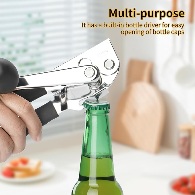 Manual Can Opener, Heavy Duty Power Can Opener with Soft Touch Handle, Sharp Blade, Smooth Edge, Can Opener with Multi-Purpose Bottle Opener, Get a Bottle Opener, Black