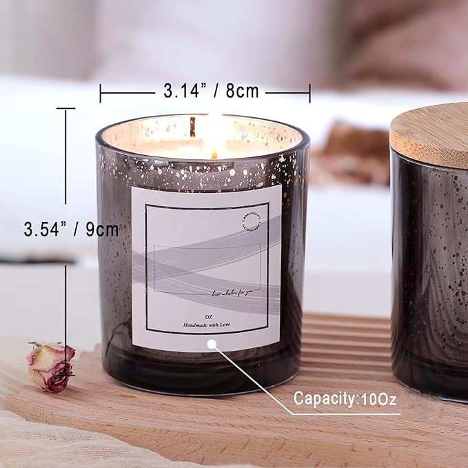 LAMORGIFT 10oz Dark Gray Glass Candle Jars With Lids (12 Pack) - Making Containers Include 15 Pcs Labels - Mercury Glass Jars