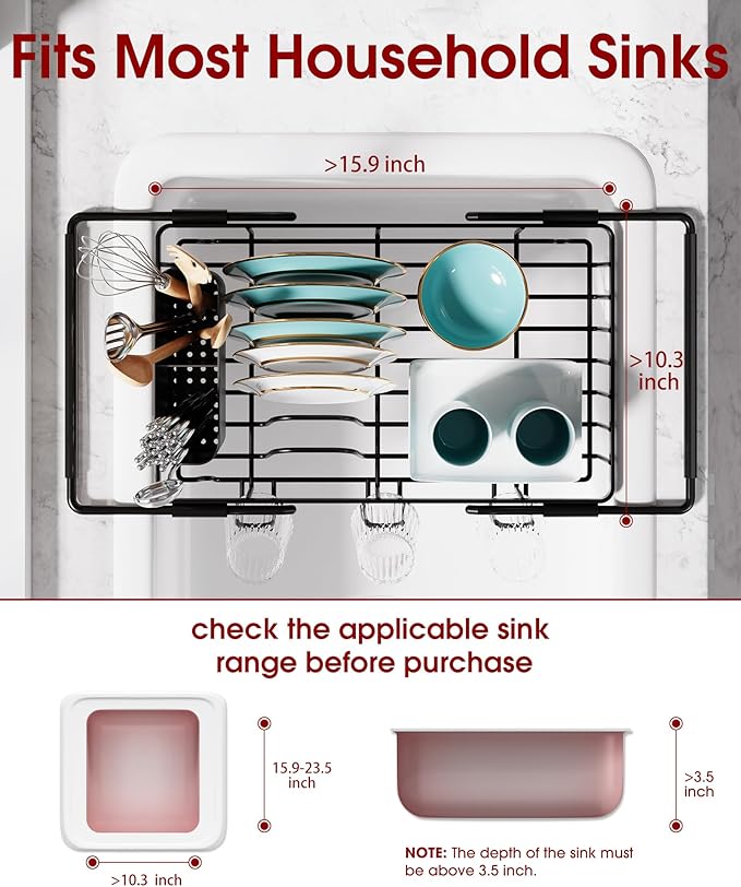 Sakugi Dish Drying Rack in Sink - Expandable Stainless Steel Dish Rack Over the Sink, Kitchen Sink Drain Strainer with Cutlery Holder & Cup Holders, 15.4 x 9.8 x 3.0 Inch, Black