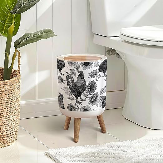 Trash Can with Lid Roosters Sunflowers Black White Botanical Press Top Round Small Garbage Bin with Wooden Legs Waste Basket for Kitchen Bedroom Nursery 7L/1.8 Gallon