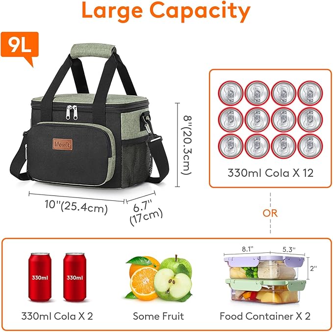 Lifewit Medium Lunch Bag, Insulated Lunch Box, Soft Cooler Cooling Tote for Adult Men Women, Black and Green 12-Can (9L)