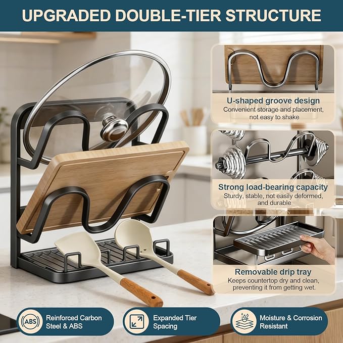 Kitchen Pot Lid Storage Rack: Carbon Steel Double-Layer Holder & Spoon Rest with Removable Drip Tray, Pot Cover Holder While Cooking, Pot Lid Organizer for Kitchen Counter Space Saving(Gray)