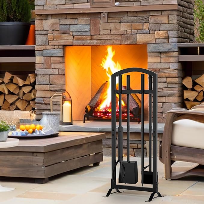 6 Pcs Fireplace Tools Set with Log Carrier, HXJLJY 34" Fireplace Accessories Sturdy Fire Tool Set Holder with Fire Poker Brush Shovel Tong Stand for Indoor Fireplace Outdoor Fire Pit Wood Stove, Arch