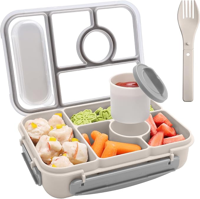 Amathley Bento Box Adult Lunch Box Kids,Lunch Containers for Adults/Kids/Toddler,5 Compartments Bento Lunch Box with Sauce Vontainers,Microwave & Dishwasher & Freezer Safe,BPA-Free (White)