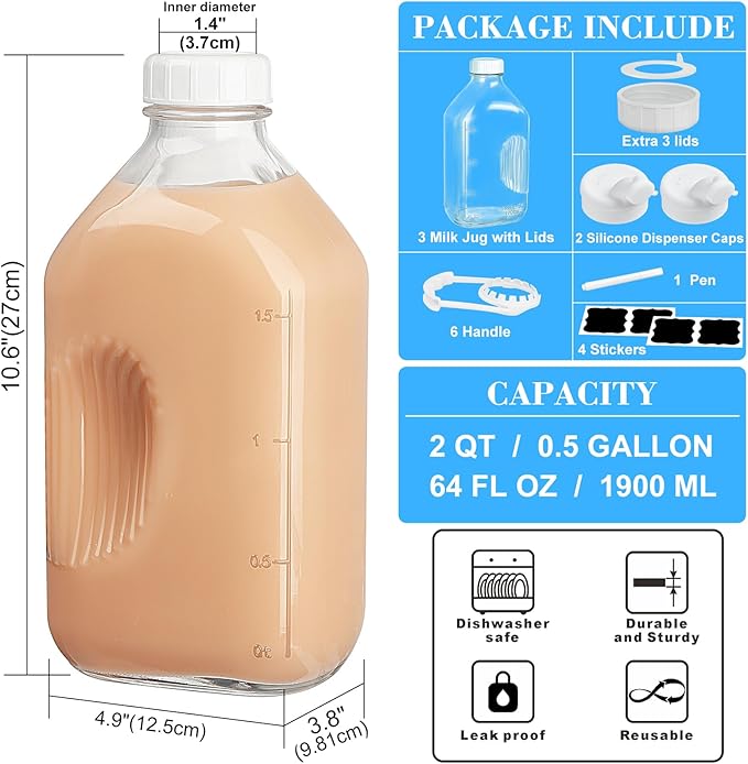 3 Pack 2 Qt Glass Water Bottles with Handle and Airtight Reusable SCREW LID - 64 Oz Juice Jugs, 1/2 Gallon Glass Milk Container for Fridge, Breast Milk Jug Pitcher with 2 Spouts, Extra Lids & Handles