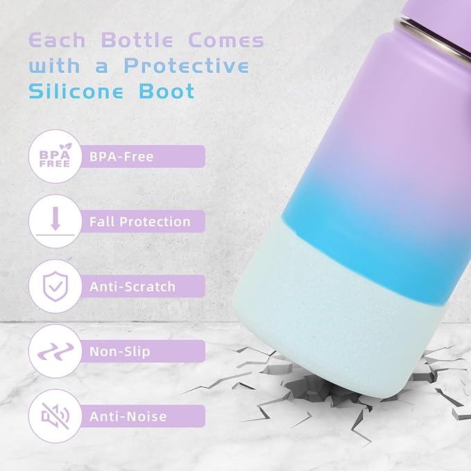 Volhoply 14oz KIds Stainless Steel Insulated Leakproof Water Bottle with Straw Lid and Silicone Boot,BPA-Free Easy Use for Boys&Girls,Double Wall Vacuum Bottles(Lavender Blue,1)