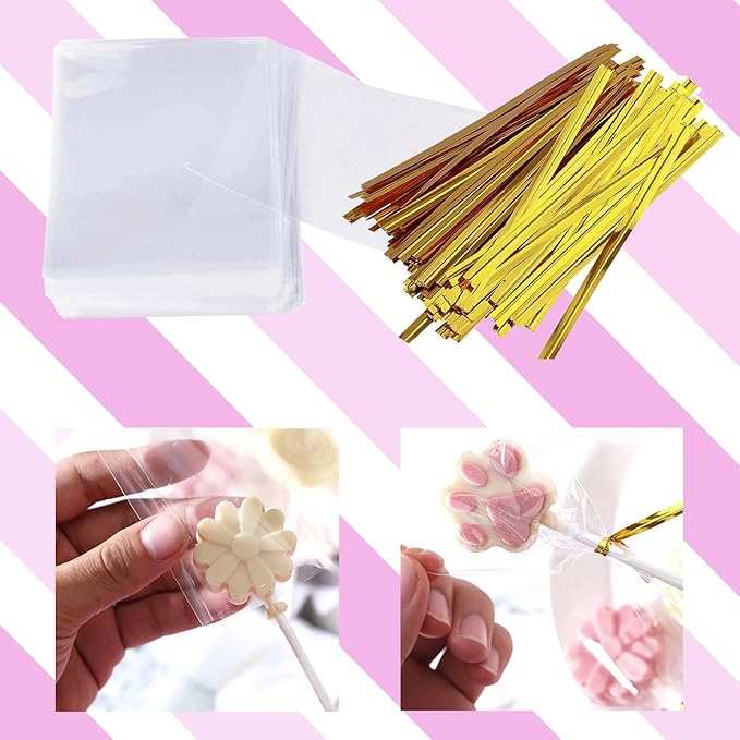 Lollipop Cake Pop Treat Bag Kit, Including 100Pcs Cake Pop Sticks, 100Pcs Parcel Bags, 100Pcs Twist Ties and 1 Cake Pop Mold, Cake Pop Maker Tools for Lollipops, Candies, Chocolates, Cookies