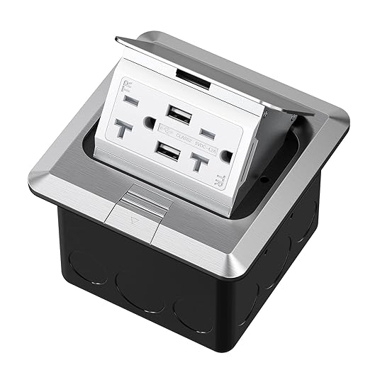 KYHSHJ 4.8A USB Chargers Pop Up Floor Waterproof Electrical Outlet Receptacle Stainless Steel Box, Silver