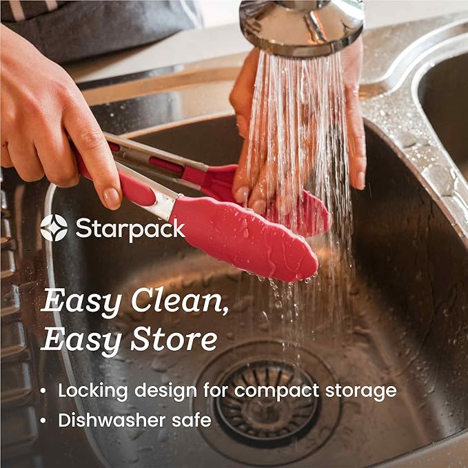 Starpack 'Get a Grip' Silicone Kitchen Tongs for Cooking 9 Inch - BBQ Silicone Tongs for Grill Heat Resistant to 600°F - Stainless Steel Utensils with Non Stick Rubber Tips for Serving Food