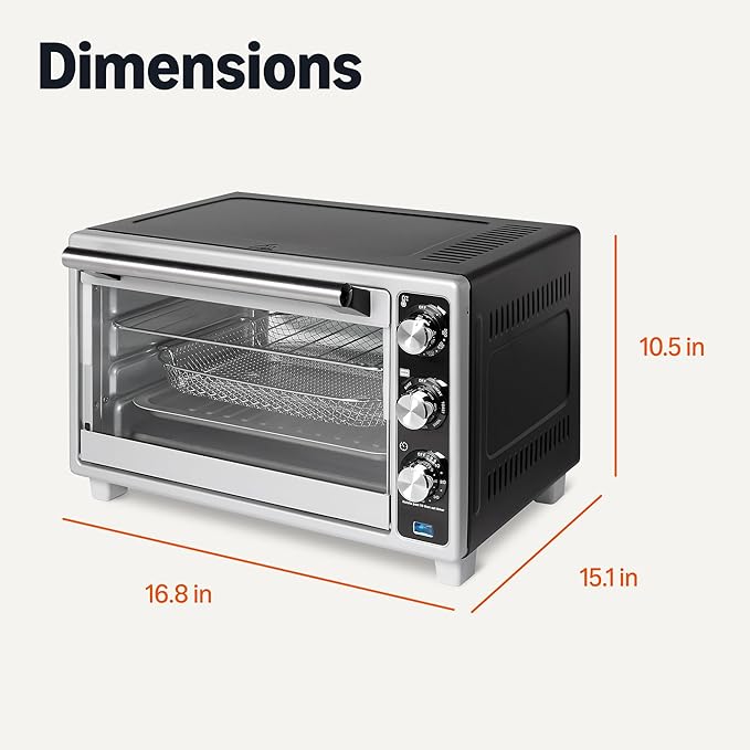 Amazon Basics 6-Slice 23-QT Toaster Oven with Built-In Air Fryer, 7-In-1 Cooking Options, 60-Min Timer & Adjustable Temperature (200°F - 450°F), With Accessories, 1500W, Stainless Steel, Silver/Gray