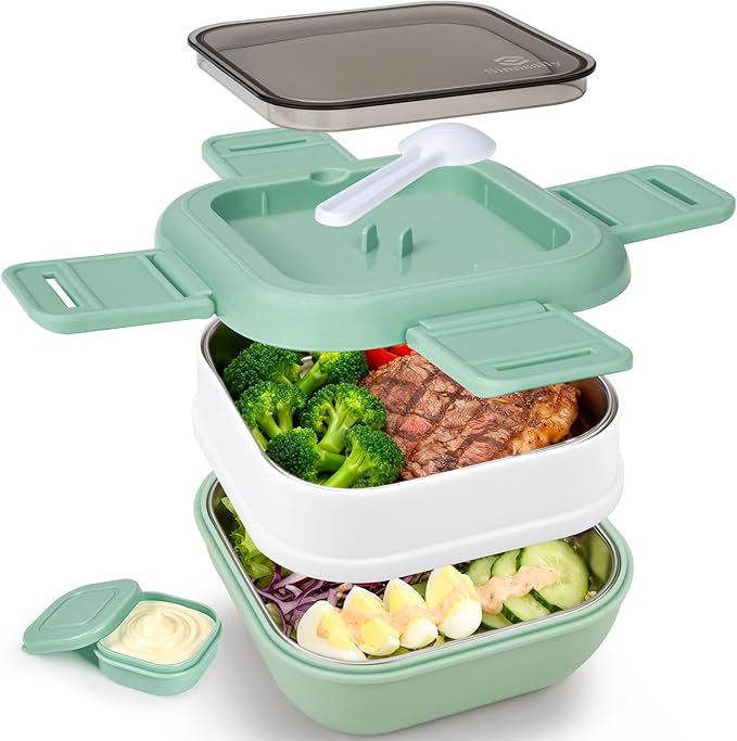 Sinnsally Bento Box Adult Lunch Box with Stainless Steel Container,Metal Lunchable Food Storage Container with Sauce Jar (Khaki Green)