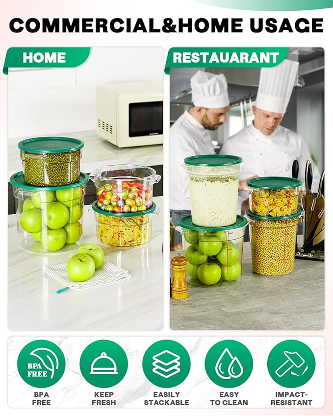 2QT&4QT NSF Round Food Storage Containers with Lids: 4 PCS [Total Food Grade][Hot&Cold Resistant] Dough Proofing Container for Pizza, Bread with Measuring Spoons Included(BPA FREE) (GREEN)