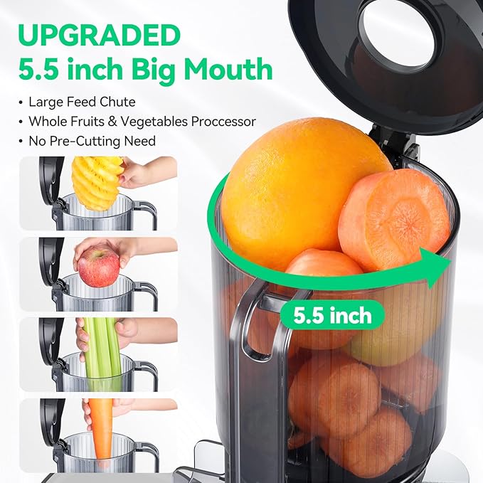 Cold Press Juicer, ORMEO HOME Masticating Juicer Machines with 5.5" Large Feed Chute Fit Whole Vegetables & Fruits, with Pulp Seperation 99.6% Juice Purity, Quiet Motor Easy to Clean BPA Free