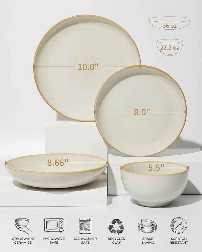 16 Piece Double Bowl Dinnerware Sets with Pasta Bowls, Highly Chip and Crack Resistant Plates and Bowls Sets, Natural Earthyware Ceramic Dishware Sets, Service for 4 Yellow White