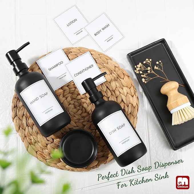 GMISUN Kitchen Soap Dispenser Set, 17 fl oz Dish Soap Dispenser with Ceramic Tray & Bamboo Brush for Kitchen, 2Pcs Matte Black Glass Hand and Dish Soap Dispenser Set, Refillable Soap Bottle Set
