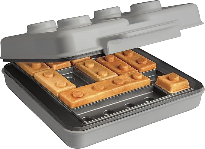 Building Brick Electric Waffle Maker- GREY with 2 Construction Eating Plates- Cook Fun Buildable Waffles in Minutes Like Houses, Cars & More- Revolutionize Breakfast - Stack & Build on Serving Dishes