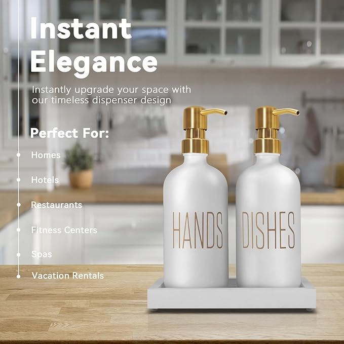 Soap Dispenser Set, Contains Hand Soap Dispenser and Dish Soap Dispenser for Kitchen， Glass Soap Dispenser with Stainless Steel Pump，for Luxury Gold Kitchen Counter Decor，（White）