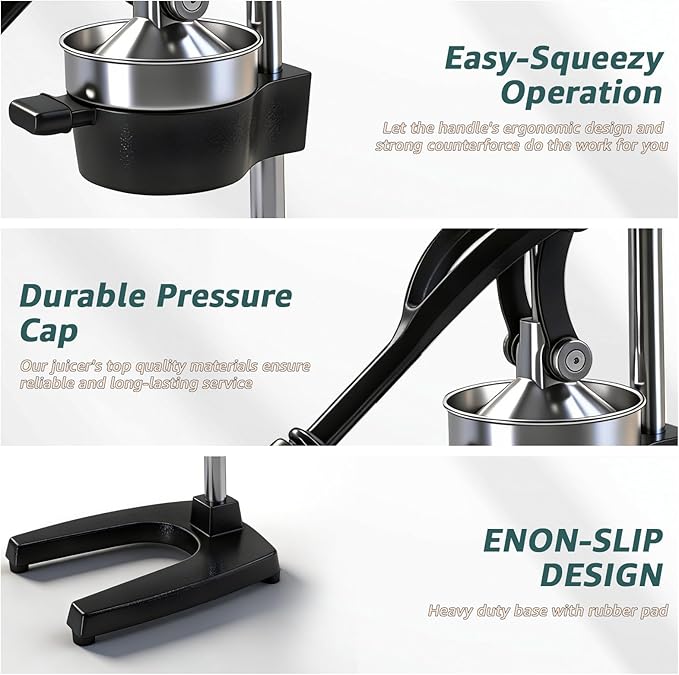 Commercial Heavy Duty Manual Citrus Juicer Press - Professional Cast Iron Hand Orange Squeezer with 304 Stainless Steel Strainer & Cup - Fruit Extractor for Pomegranate, Lemon, Lime - Black