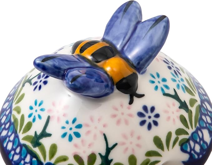 ZOOBEE 10oz Ceramic Honey Jar with Dipper and Lid,Handpainted Honey Pot with Natural Design, Small Portable Honey Container for Kitchen, Picnic-Blueberry Breeze