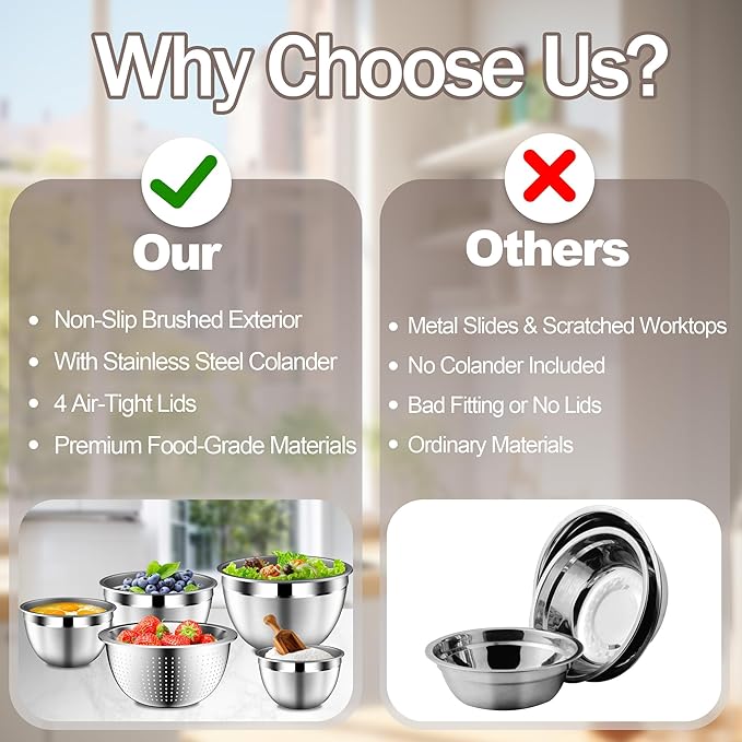 DUTZUN Stainles Steel Mixing Bowls with Lids Set, Stackable Metal Mixing & Serving Bowl with Strainer, 5-Piece - Beige
