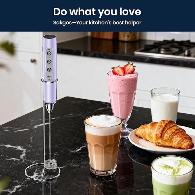Sakgos Milk Frother with Stand Rechargeable- Handheld Coffee Frother with 3 Stainless Whisks 3 Speed Adjustable, Electric Whisk Drink Mixer, Foam Maker Blender for Matcha Latte Cappuccino Chocolate