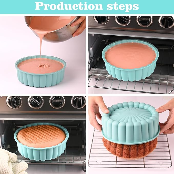 HUAKENER 2 Pcs Charlotte Cake Pan, 8 Inch Round Cake Pan, Nonstick Silicone Cake Molds for Cheese Cake, Chocolate Cake, Rainbow Cakes, Strawberry Shortcake, Brownie Tart Pie, Bule and Pink