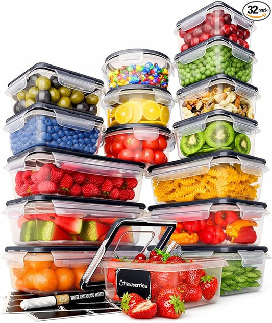 Chef's Path 32 Piece Airtight Food Storage Containers with Easy Snap Lids, 16 Containers and Lids, Stackable Kitchen and Pantry Canisters for Meal Prep and Food Storage - Transparent