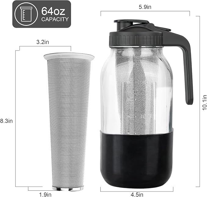 Cold Brew Coffee Maker, 64oz Mason Jar Pitcher with Stainless Steel Filter, Leak-Proof Lid with Pour Spout & Handle, Heavy Duty Glass Iced Coffee Tea Brewer with Protective Silicone Sleeve-Black