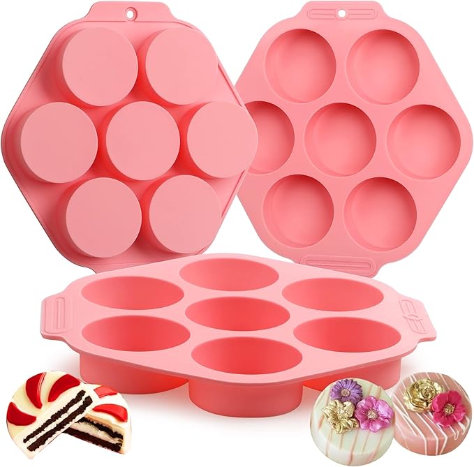 Sidosir 3Pcs Oreo Cookie Chocolate Silicone Mold, 7-Cavity Round Cylinder Oreo Chocolate Cover Molds for Candy, Silicone Baking Molds for Mini Cakes, Jelly