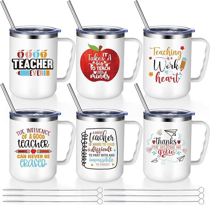 Maxcheck 6 Pcs Christmas Teacher Appreciation Gifts Mugs Bulk 16oz Thank You Teacher Stainless Steel Tumblers Inspirational Insulated Coffee Cups with Handle Lids Straw for Women Birthday Gifts