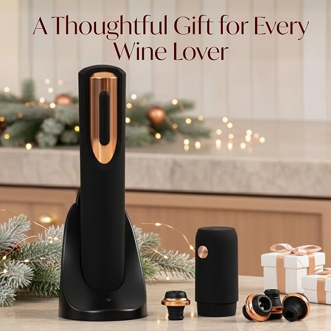Rechargeable Electric Wine Opener and Electric Wine Preserver with Stoppers Gift Bundle Set (Black & Rose Gold)