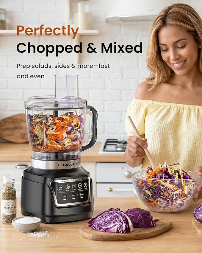 LINKchef Food Processor 68 oz, 700W Electric Vegetable Chopper with 4 Functions for Chopping, Slicing, Shredding, Pureeing and Dough Mixing, Meat Grinder with Stainless Steel Blades for Kitchen