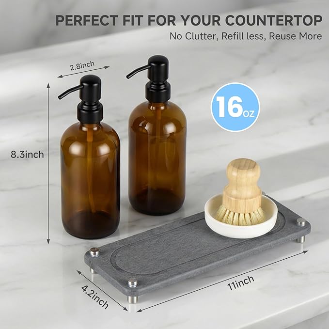 2 Pack Kitchen Soap Dispenser Set - 16oz Amber Glass Dish and Hand Soap Dispenser with Stainless Steel Pump, Instant Dry Tray, Dish Brush & Holder, Refillable Countertop Sink Decor for Kitchen & Bath