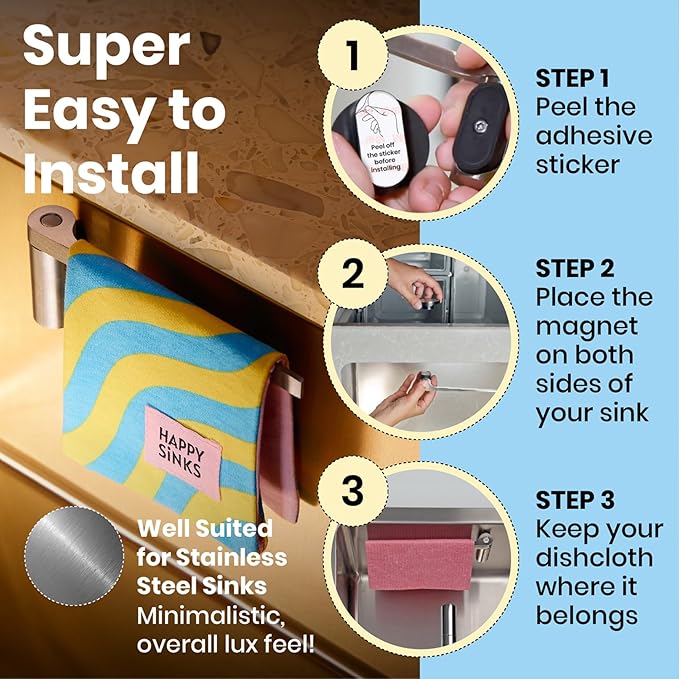 Magnetic Dishcloth & Sponge Holder - Steel, Composite - Tool-Free Magnetic Sink Organizer - Versatile Kitchen Sponge Holder with Stick-On Adapter - Nordic Style Kitchen Sink Accessories