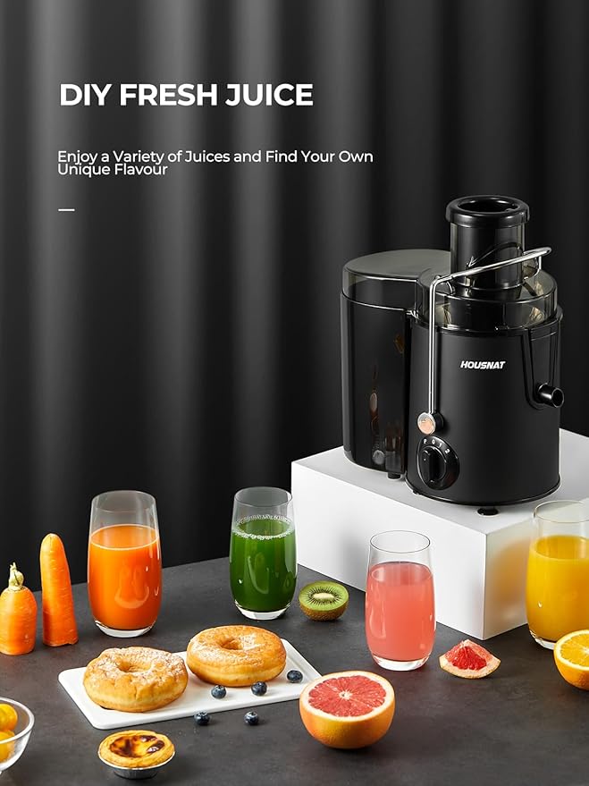 Juicer Machines, HOUSNAT Juicer Whole Fruit and Vegetables with 3-Speed Setting, Upgraded Version 400 W Motor Quick Juicing, Cleaning Brush and Juicing Recipe Included, Black