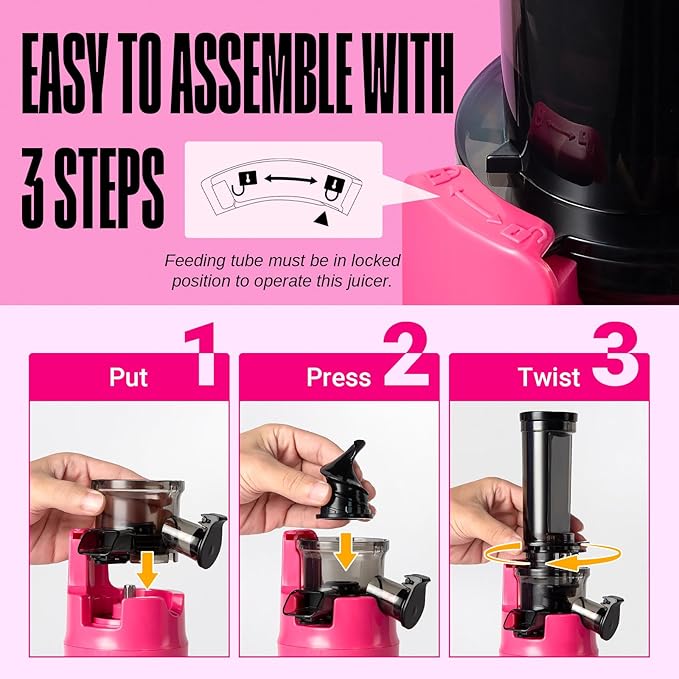 Ventray Ginnie Mini Cold Press Juicer, Small Slow Masticating Juicer for Vegetables and Fruits, High Juice Yield, Easy to Clean, Space-Saving, Fit for Personal/Travel/Picnic/Office - Pink