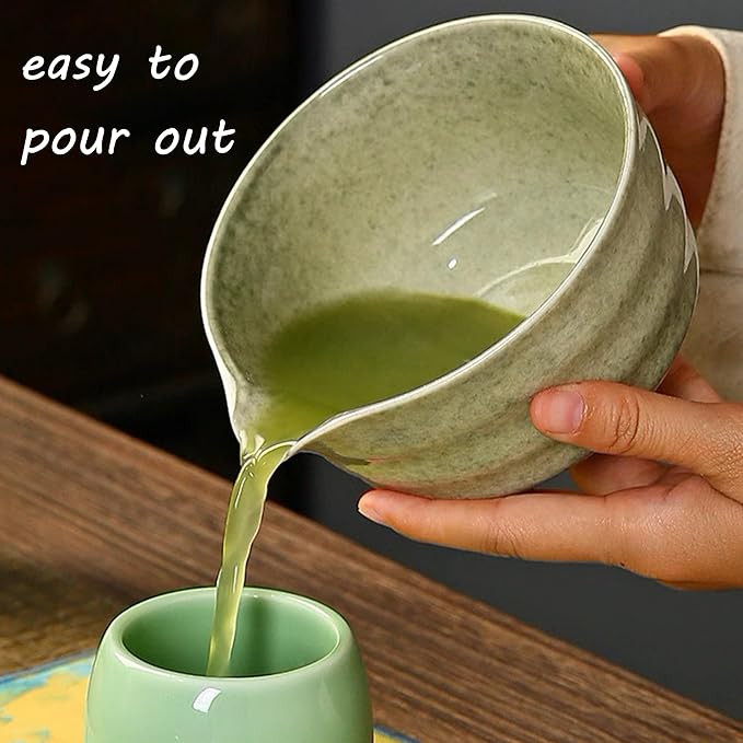 Matcha Whisk Set, Matcha Bowl with Spout, Matcha Whisk and Holder, Bamboo Matcha Scoop and Stainless Steel Sifter - 5 Pcs Mottled Green Kit Gift for Birthday Christmas