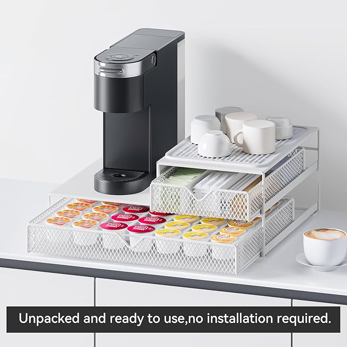 K Cup Organizer for Countertop - Solid Metal 60 Coffee Pod Holder Storage Drawer, Reinforced Steel Stand Compatible with Keurig K-Cup Pods, Anti-Vibration & No-Sag Design, No Assembly Required (White)
