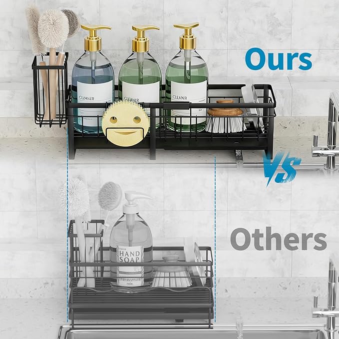 Extra Large Extendable Sponge Holder for Kitchen Sink, Rustproof Sink Caddy Organizer with High Brush Holder, Dish Soap Dispenser Organizers and Storage (Black)